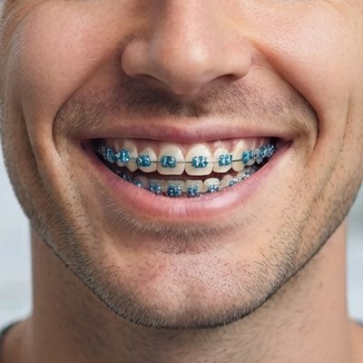 Dentes com aparelho fixo metálico