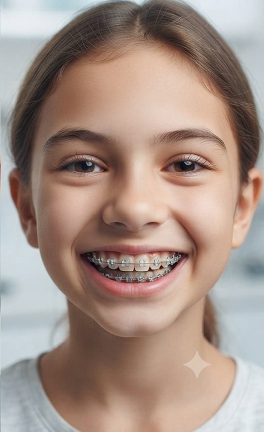 Sorriso com aparelho fixo estético, de braquetes na cor do dente