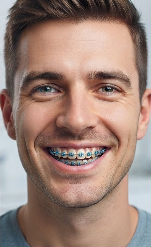 Sorriso com aparelho fixo metálico e borrachinhas coloridas